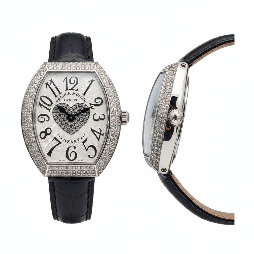 Women's silver crystal heart dial tonneau watch — ghost mannequin front and side view, black leather strap