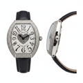 Women's silver crystal heart dial tonneau watch — ghost mannequin front and side view, black leather strap