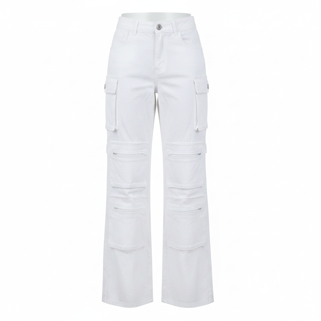 White Multi-Pocket Cargo Trousers – Front Ghost Mannequin