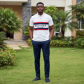 Men's white red navy stripe city text print short-sleeve polo shirt - model shot