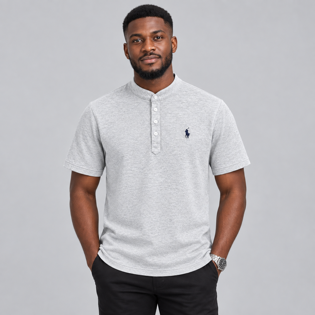 Model wearing heather grey stand-collar shirt