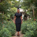 Women's Black Asymmetric Bow-Tie Bodycon Midi Dress – Nigerian Female Model Shot