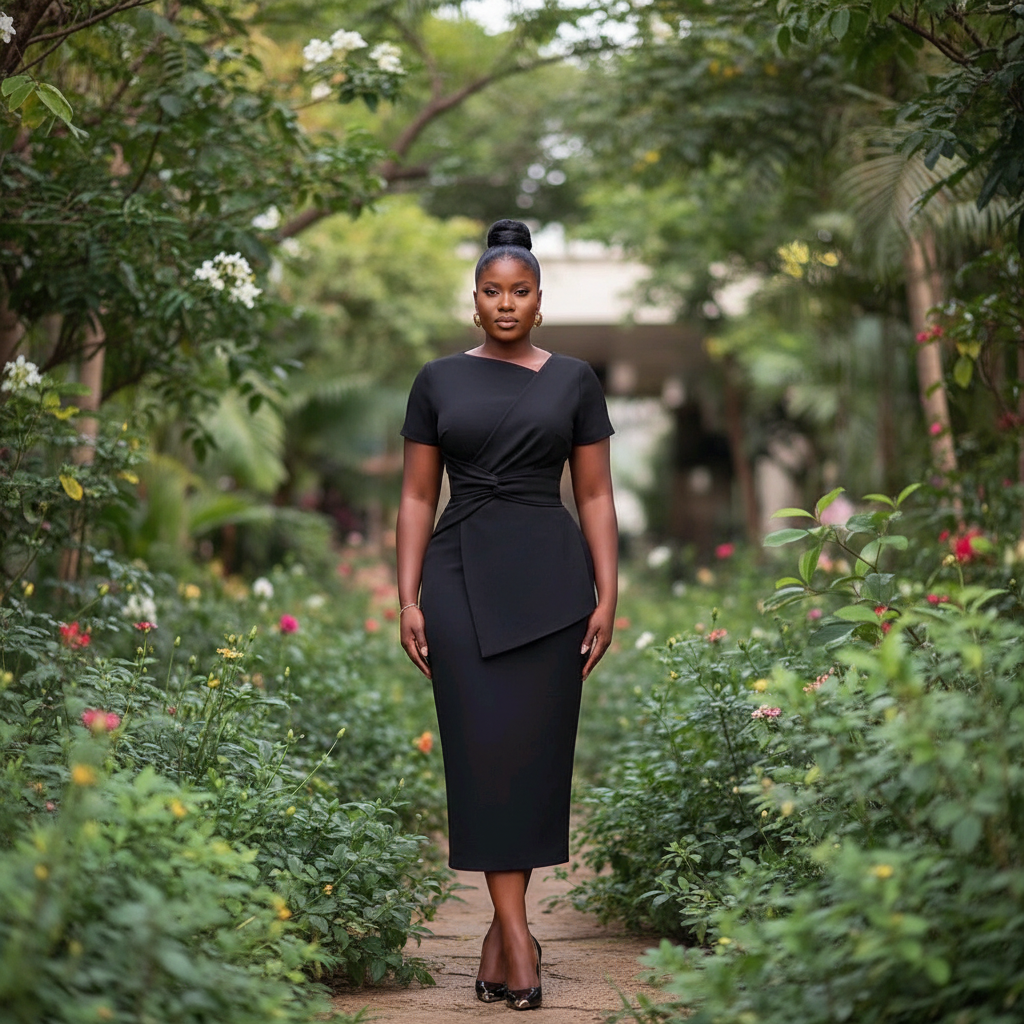 Women's Black Asymmetric Bow-Tie Bodycon Midi Dress – Nigerian Female Model Shot