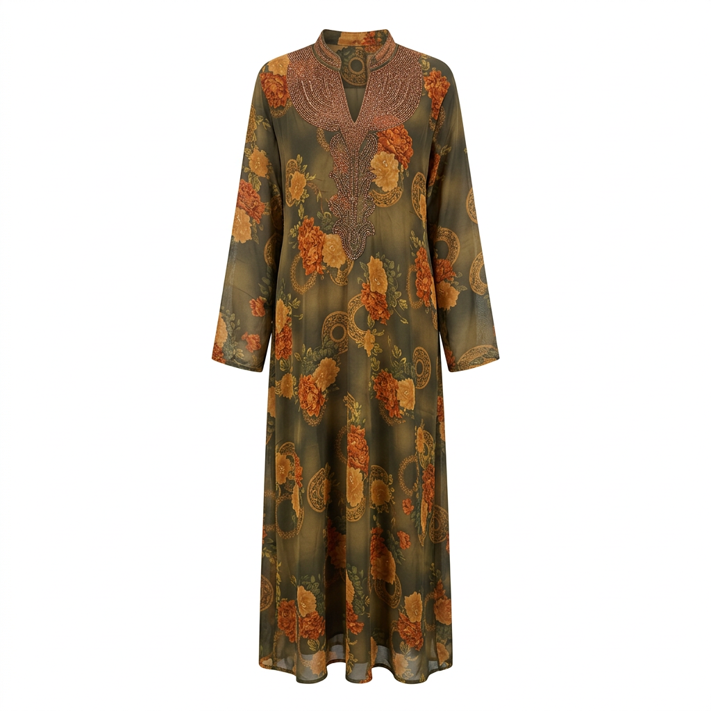 Olive floral and medallion embellished abaya on an invisible mannequin against white