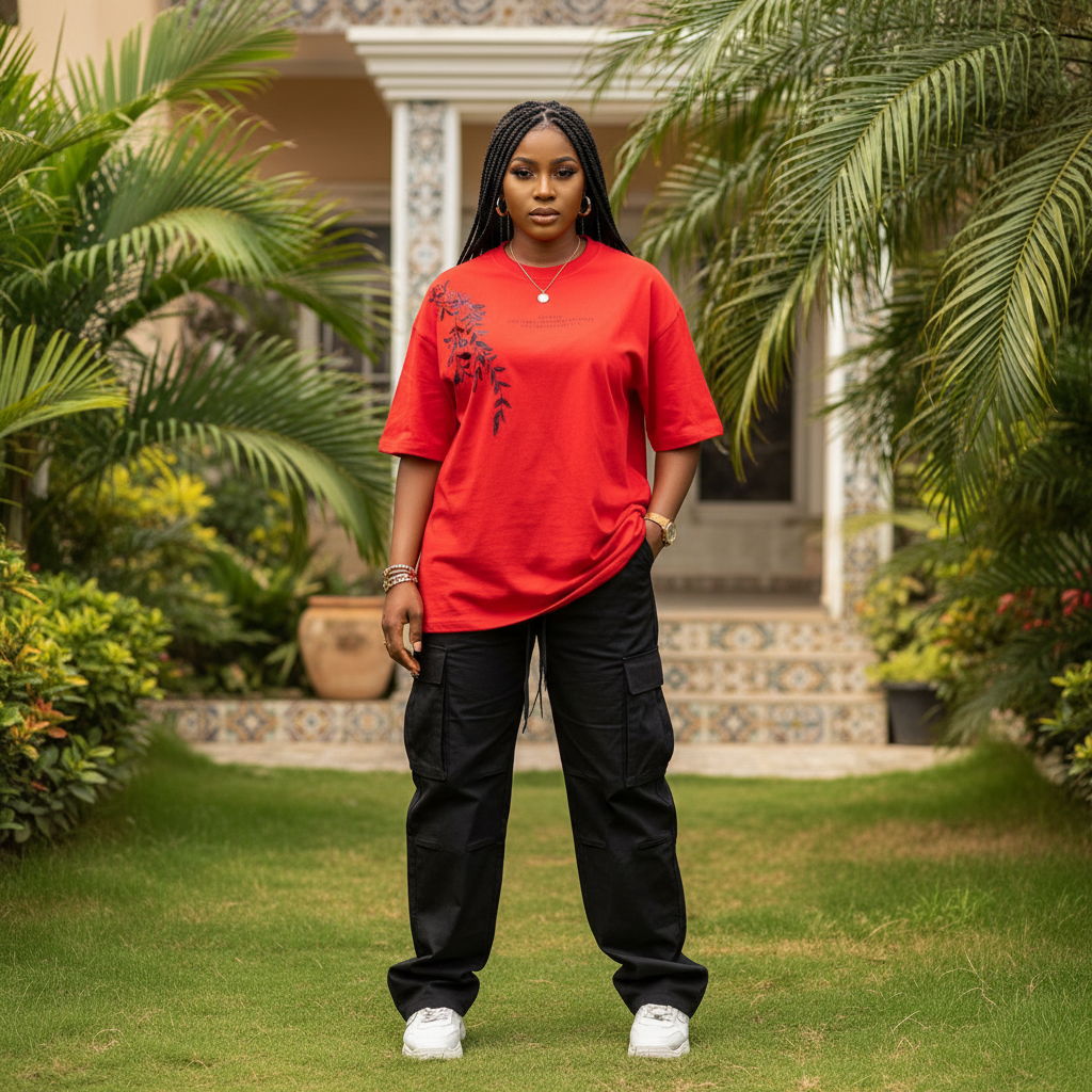 Nigerian female model wearing red diagonal botanical floral graphic oversized tee – front view