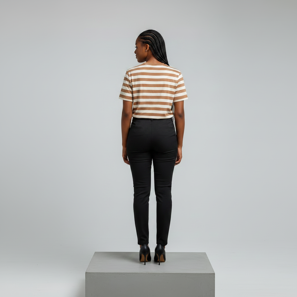 Nigerian female model back view wearing camel white stripe T-shirt with black trousers - consistent model