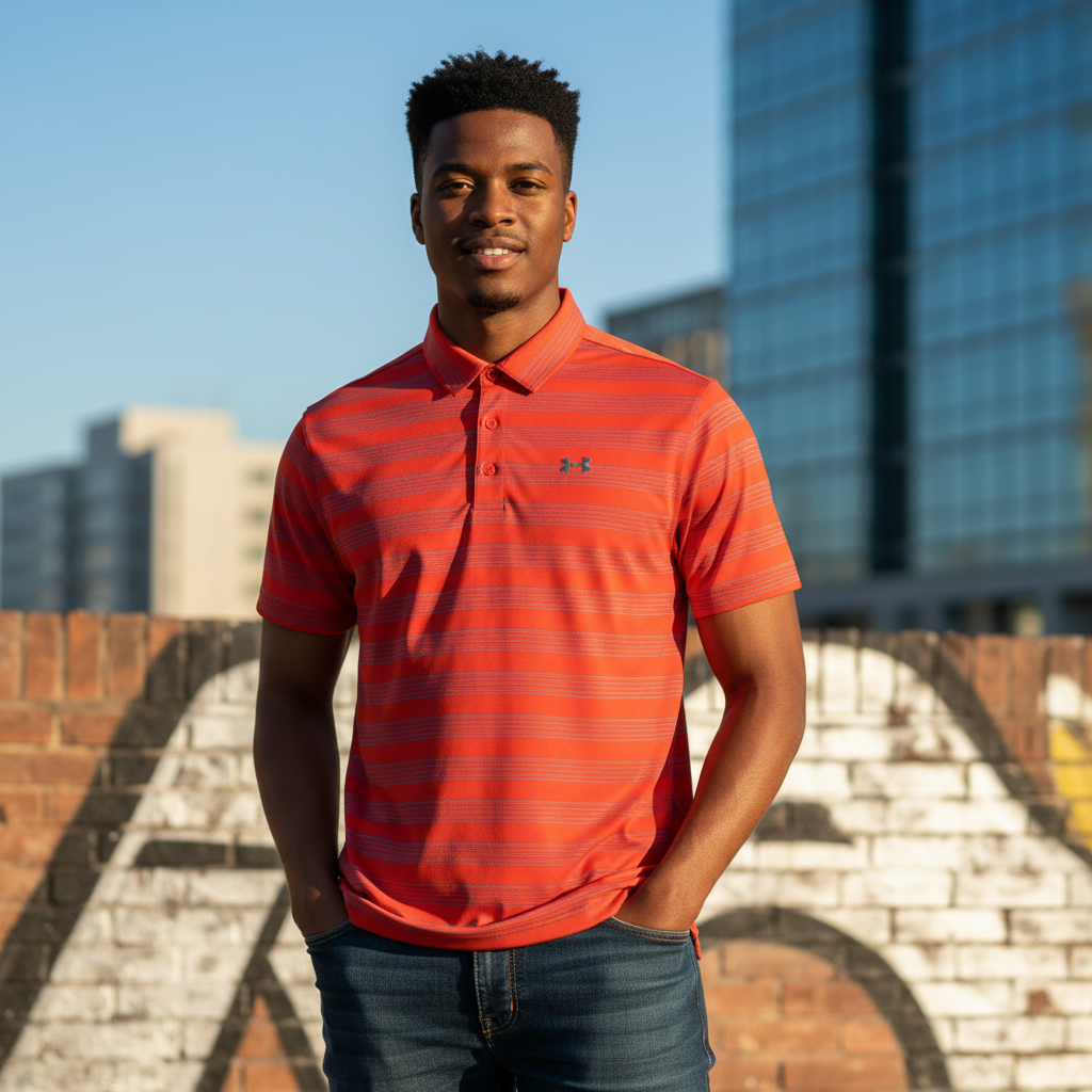 Young Nigerian male model wearing a red striped performance polo shirt