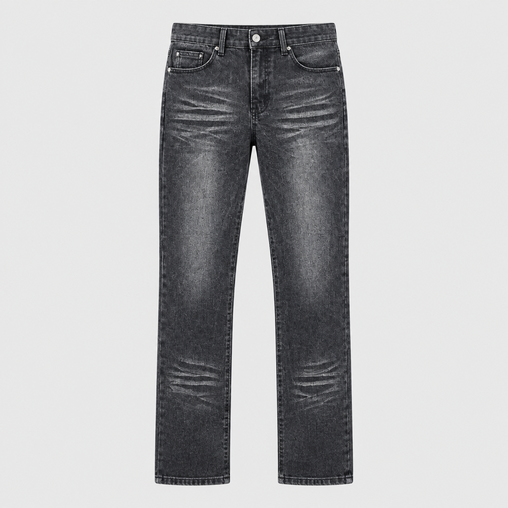 Dark charcoal washed slim jeans with thigh and knee whisker details