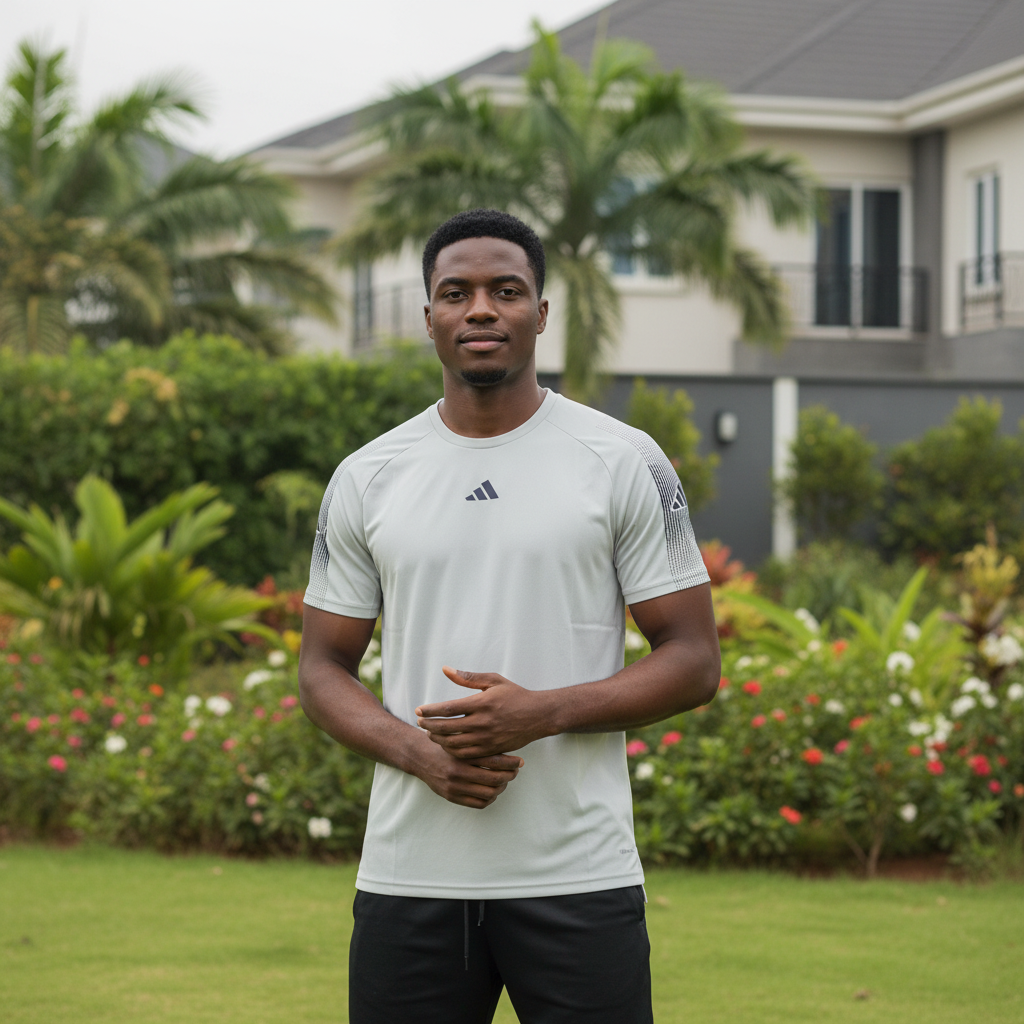 Nigerian male model wearing off-white shoulder-band short-sleeve sports jersey