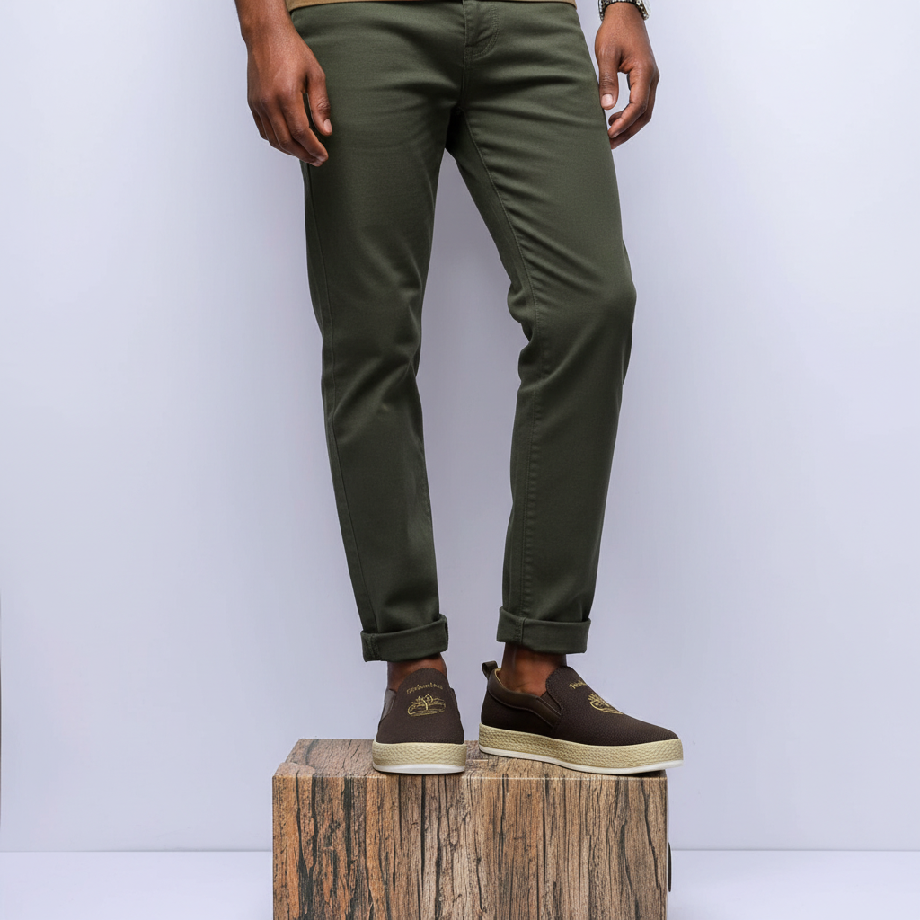 Nigerian male model wearing men's slip-on sneakers, both feet visible