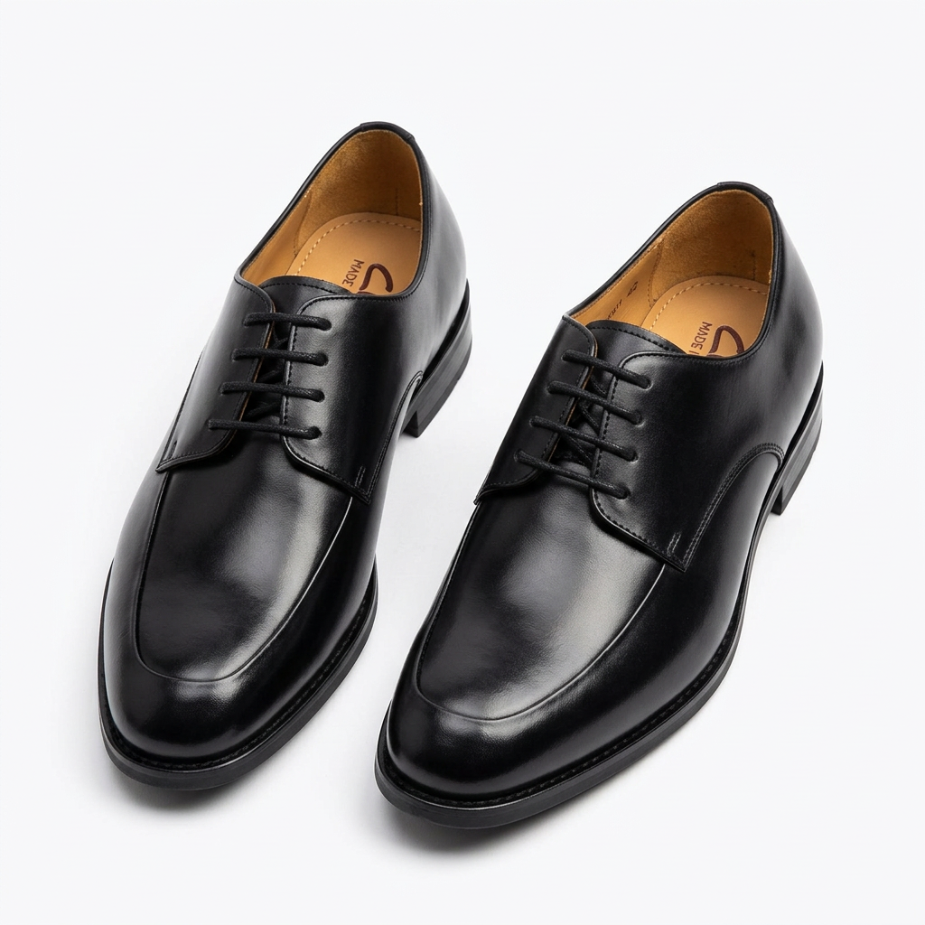 Pair of polished black apron-toe lace-up shoes on white