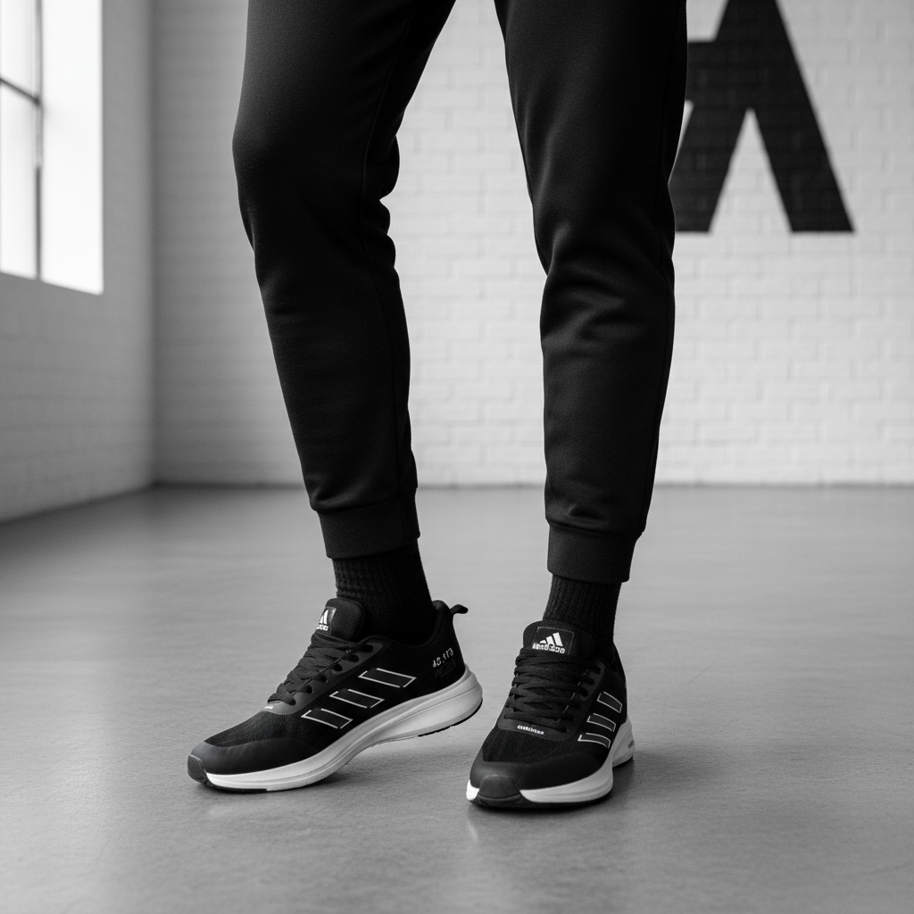 Adidas Black White Stripe Running Sneaker - Model Shot