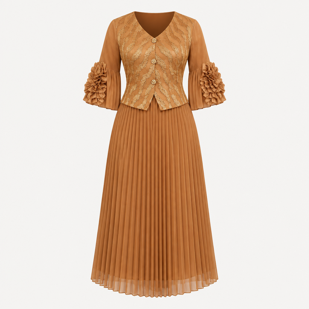 Camel gold patterned pleated dress on invisible mannequin