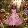 Young Nigerian girl wearing pink sequin bow satin ball gown