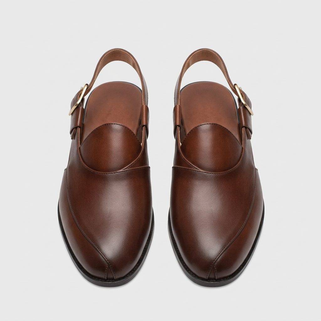 Men's brown slingback sandals with gold-tone buckle, straight-on view of the pair