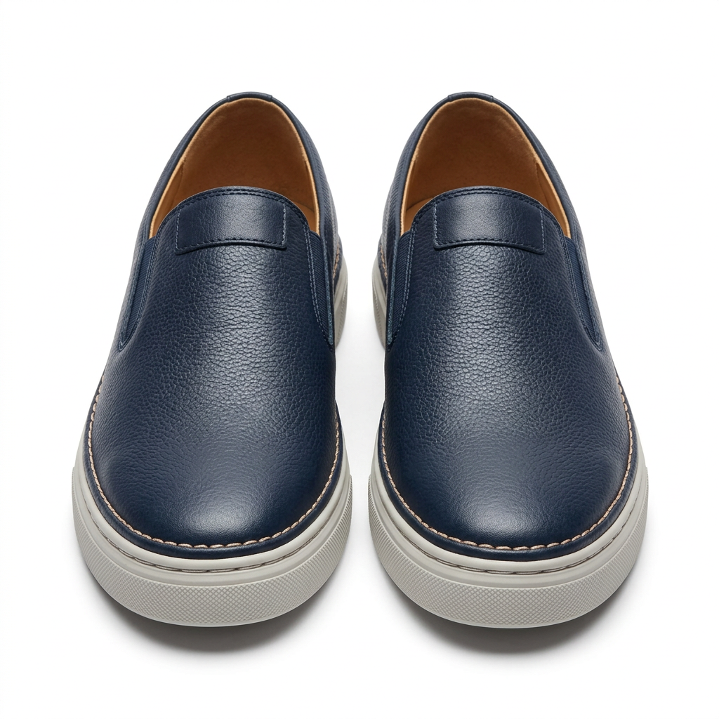 Navy pebbled slip-on shoe pair with contrast stitching and light soles