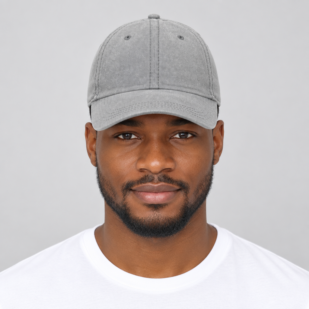 Model wearing unisex washed grey baseball cap