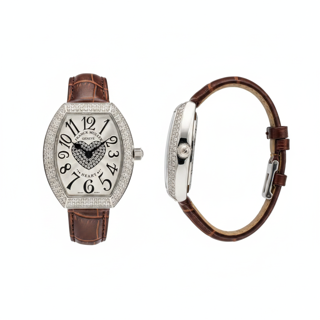 Women's silver diamond bezel crystal heart dial tonneau watch — ghost mannequin front and side view, brown leather strap