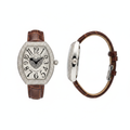 Women's silver diamond bezel crystal heart dial tonneau watch — ghost mannequin front and side view, brown leather strap
