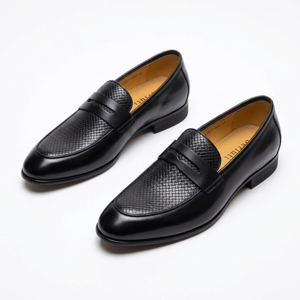 Pair of black basket-textured penny loafers with tan lining on white