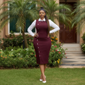 Women's Burgundy Diagonal Button Pinafore Midi Dress – Nigerian Female Model Shot