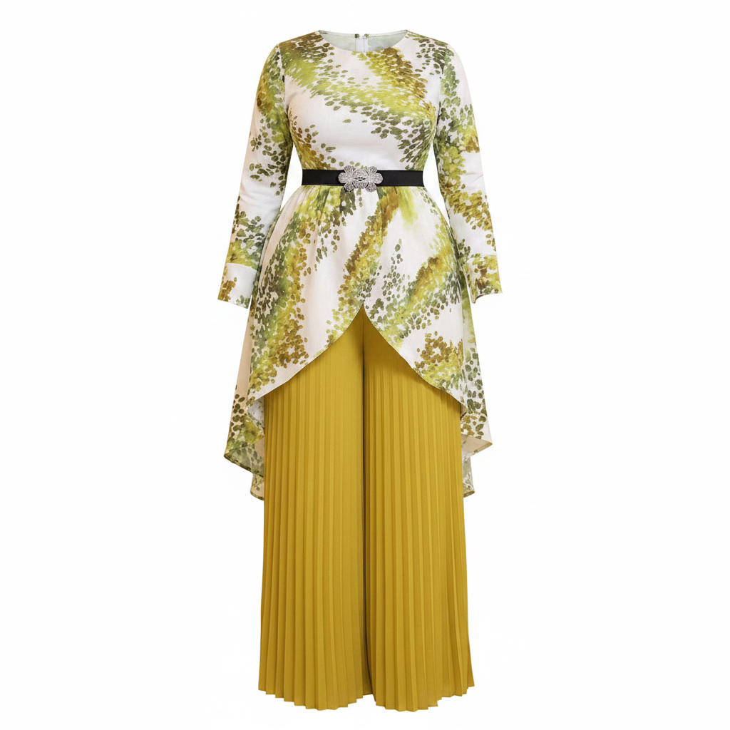 Women's green leaf print asymmetric top and mustard yellow pleated trousers co-ord set ghost mannequin