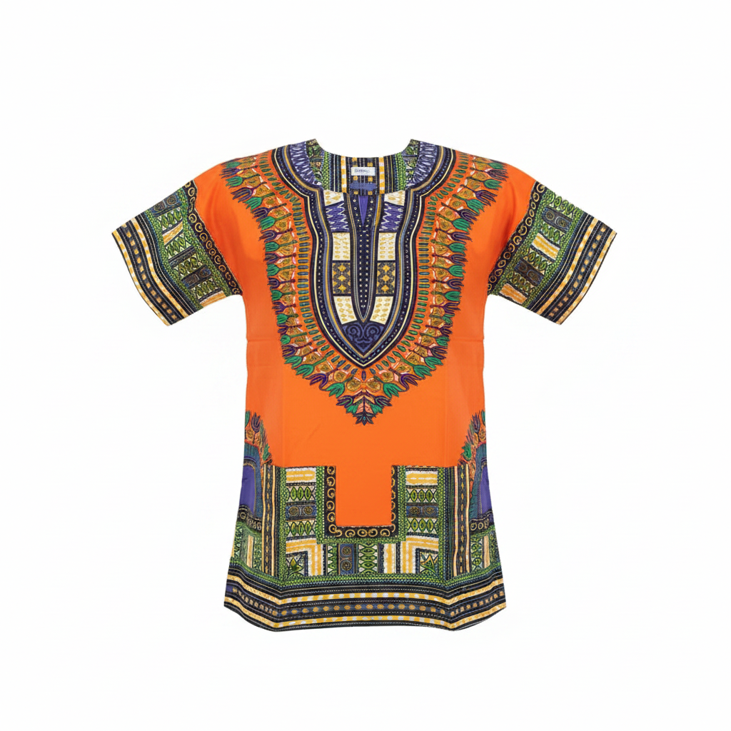Ghost mannequin front view of bold orange short-sleeve Dashiki top with multicolour tribal African print
