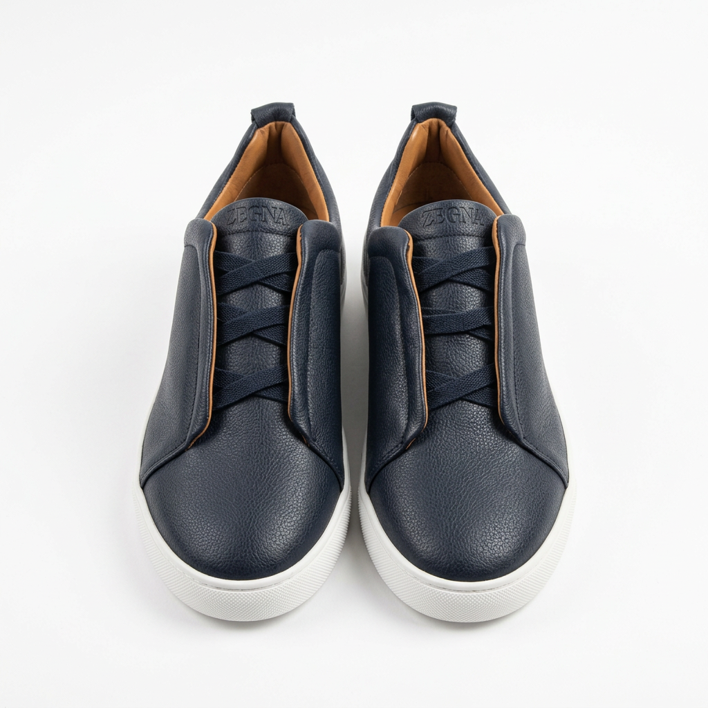 Pair of men's navy textured lace-up sneakers with tan lining and white soles