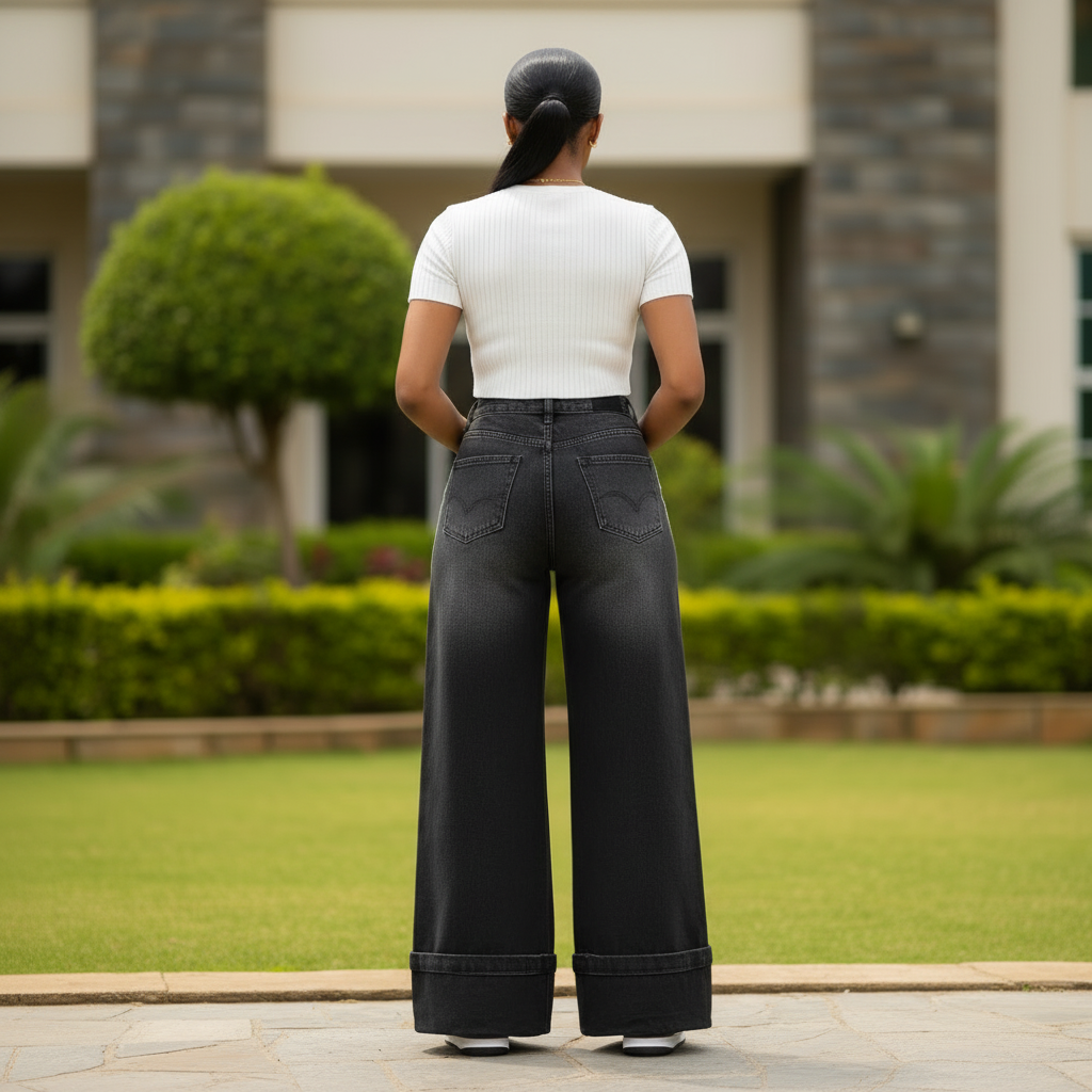 Black Embroidered Wide-Leg Jeans - Nigerian Female Model Back View