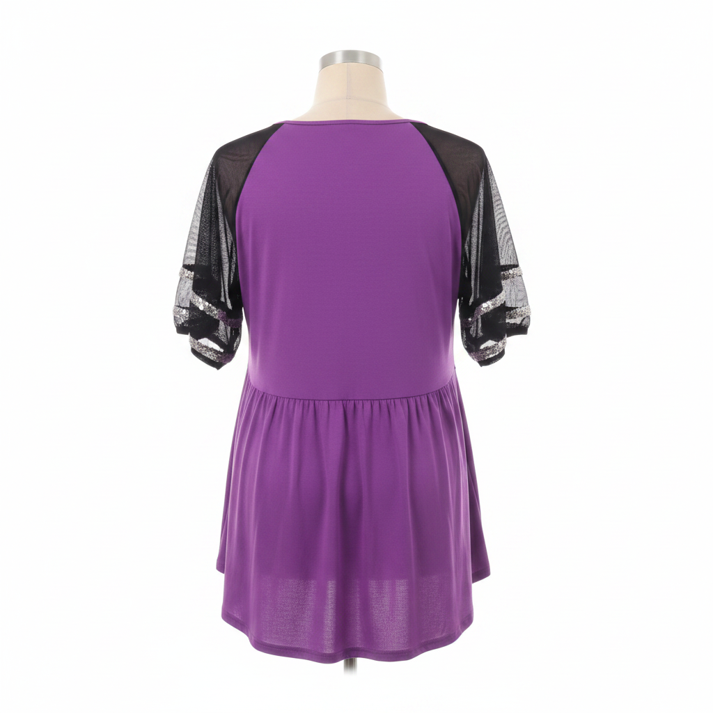 Ghost mannequin back view of Purple and Black Sequin Trim Babydoll Top