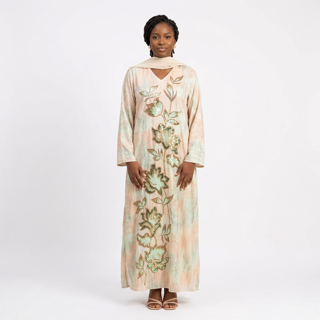 Nigerian female model wearing peach and mint floral-embellished abaya against white
