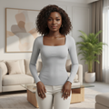 Grey Ribbed Square Neck Long-Sleeve Top - Front Model