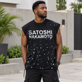 Black Nigerian adult model wearing a black distressed sleeveless graphic shirt