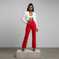 Red Side-Rhinestone Straight-Leg Jeans - Model Front
