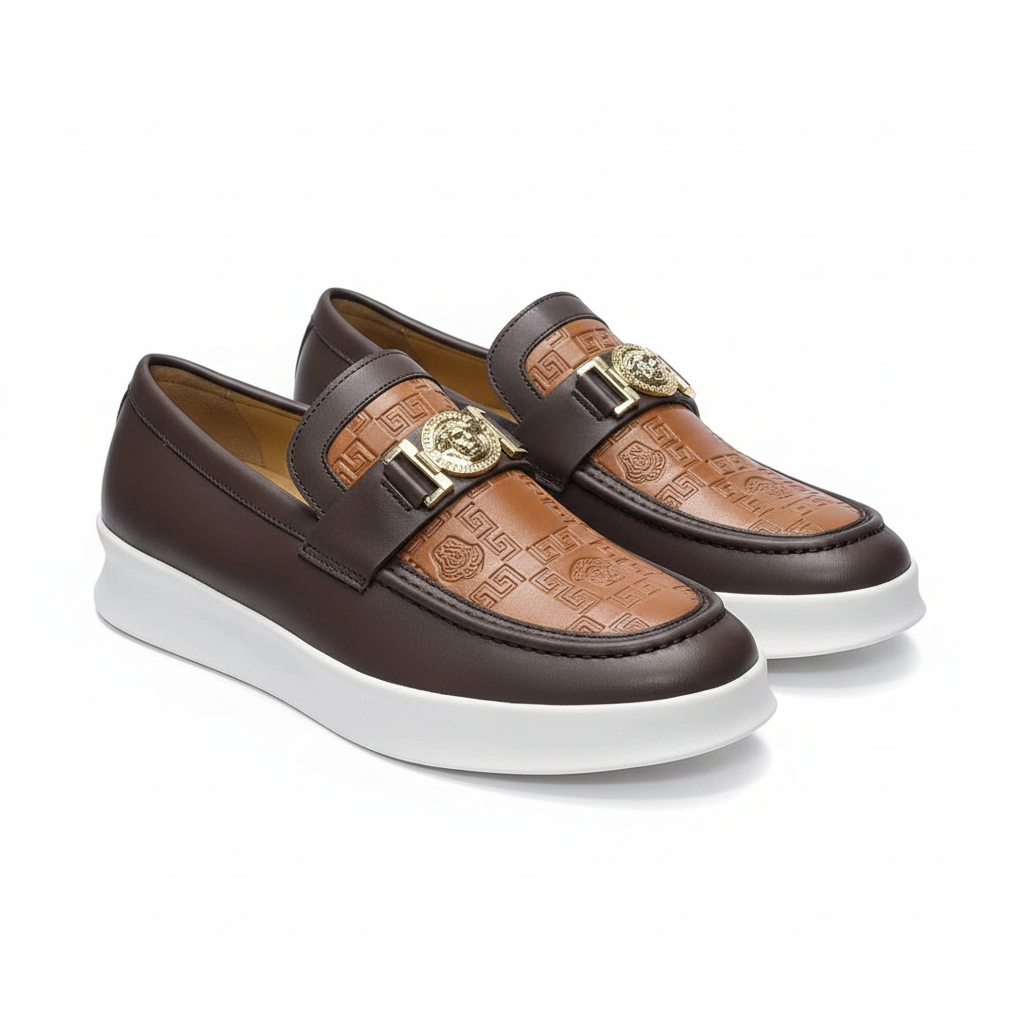 Men's Two-Tone Brown Embossed Platform Slip-On Loafer – Pair View