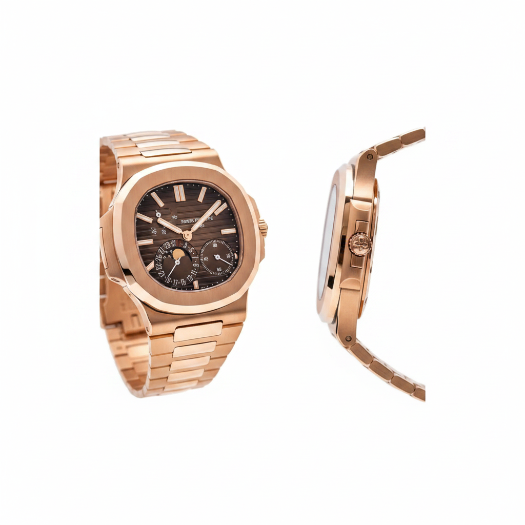 Rose gold Nautilus style watch with moon phase and brown dial, front and side view on white background