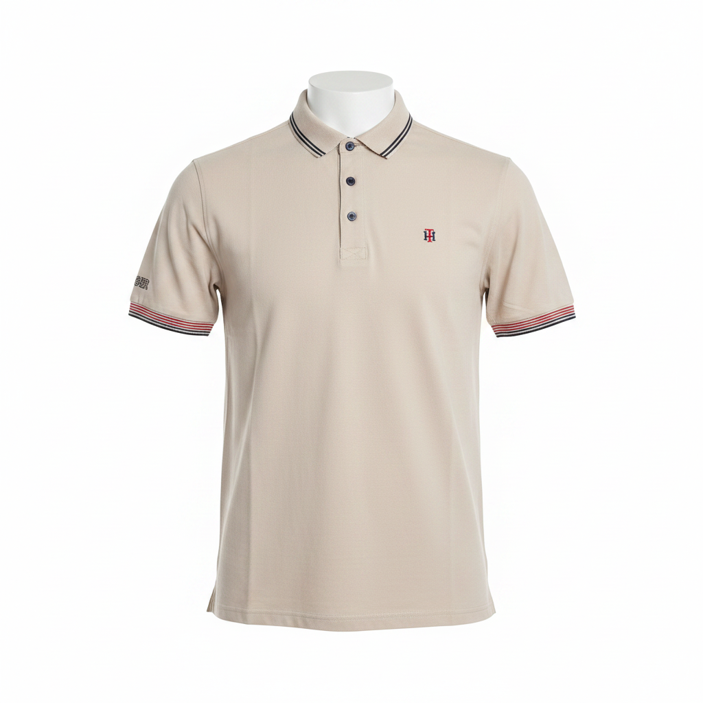 White Polo Shirt with Striped Collar & Cuff Trim - Ghost Mannequin