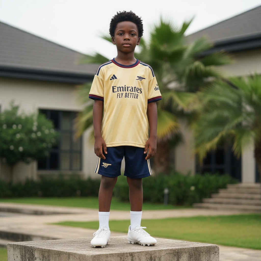 Nigerian child model wearing gold & navy blue football jersey set with white football boots