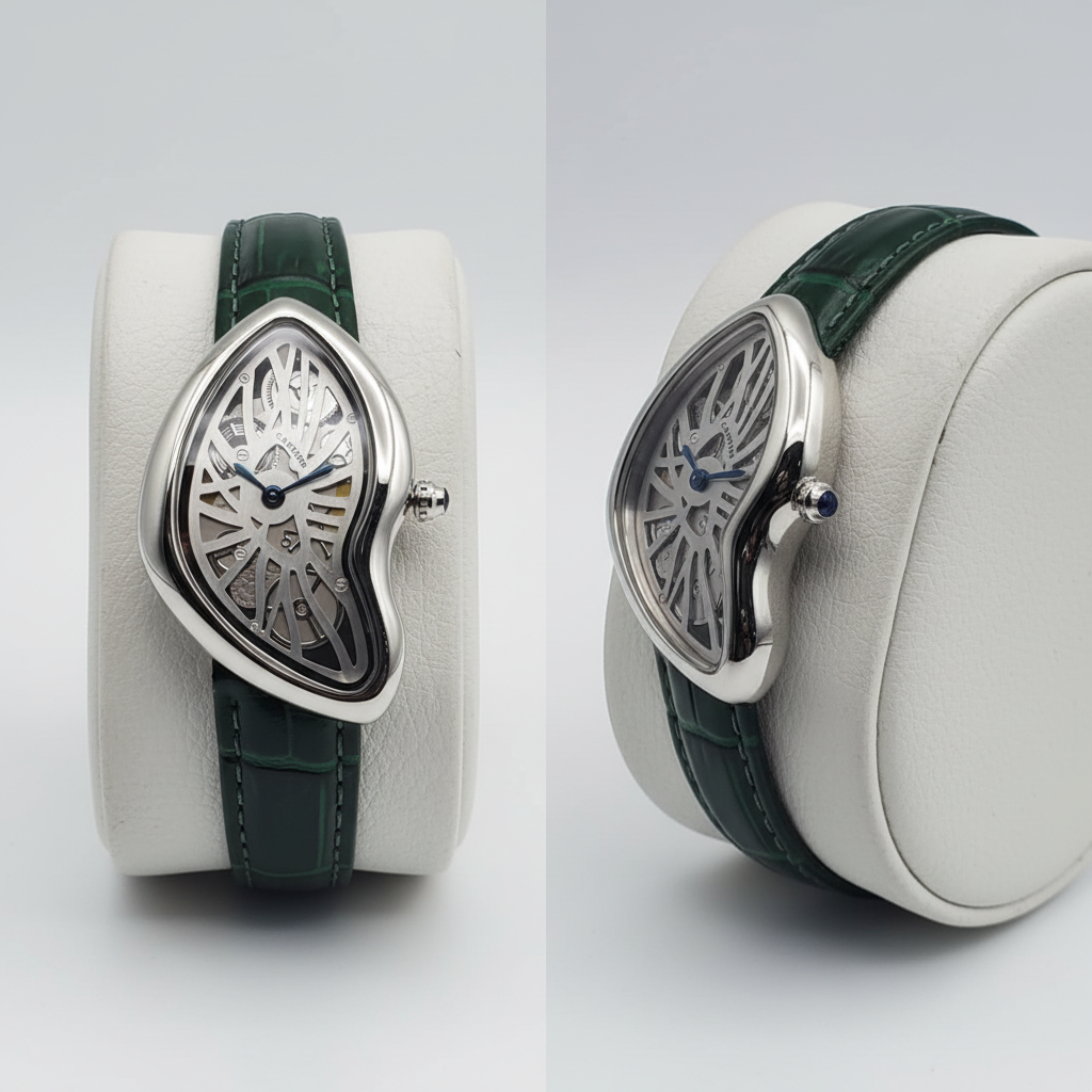 Asymmetric silver skeleton dial watch with forest green strap front and side view
