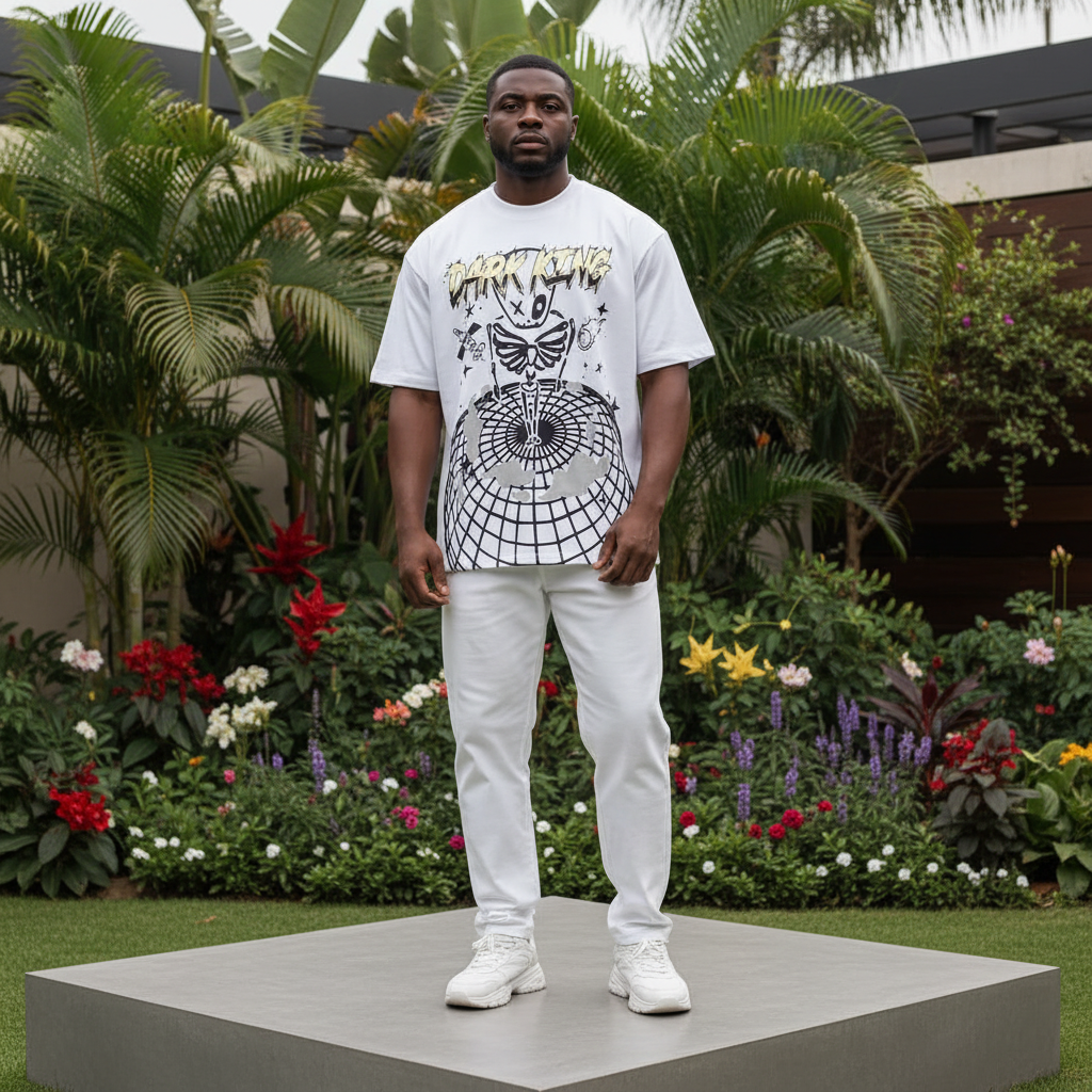 White Dark King Skeleton Globe Graphic Short-Sleeved Shirt - Model Front