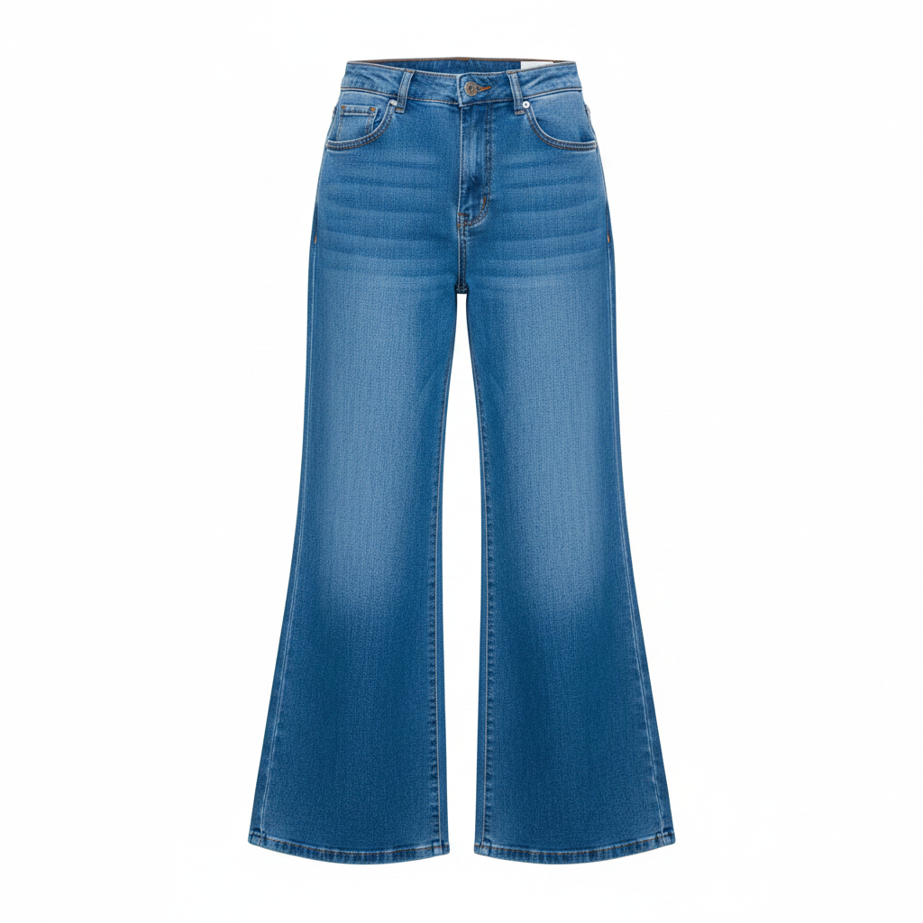 Women's medium blue high-waist wide-leg flare denim jeans ghost mannequin front view