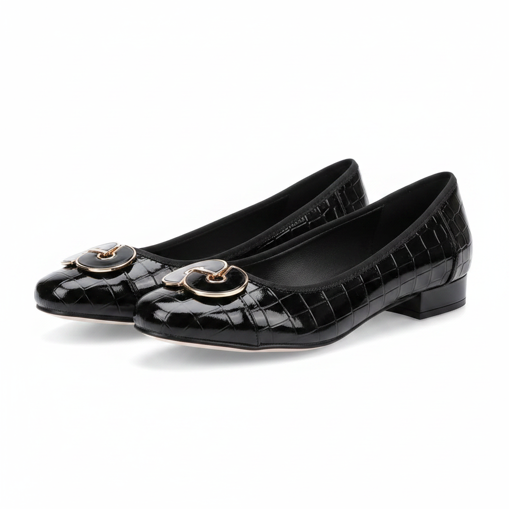 Women's black patent croc-embossed court shoe pair both feet front and side view on white background