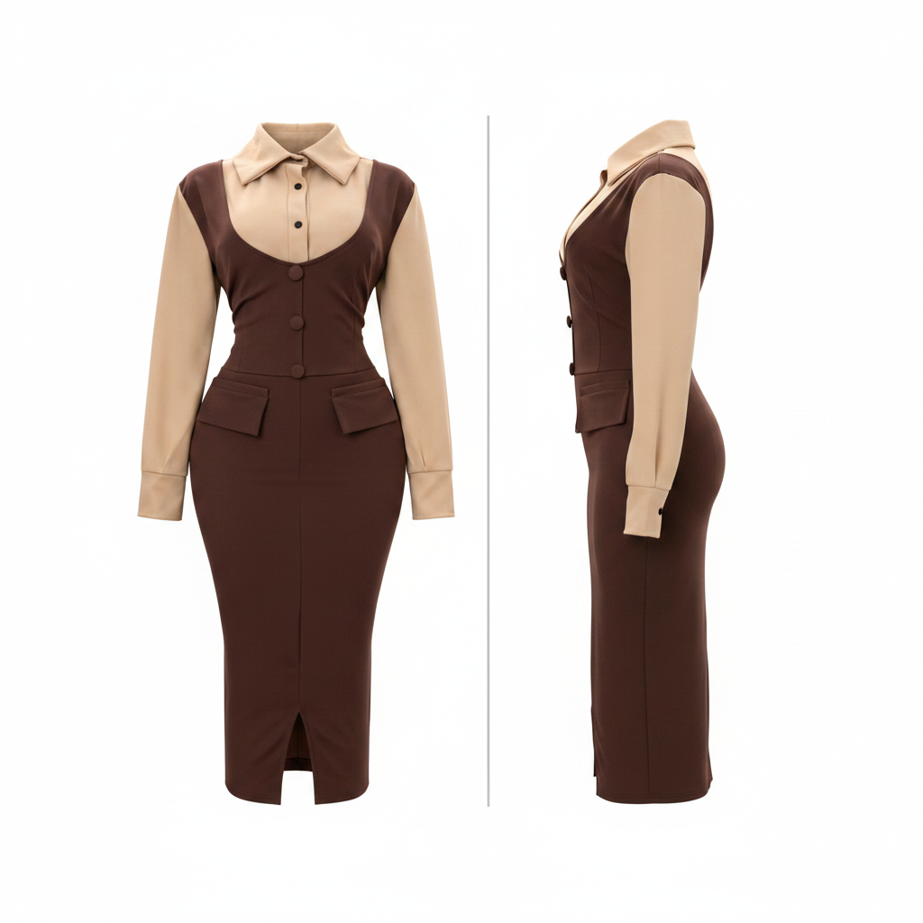 Women's Chocolate Brown & Cream Layered Corset Midi Dress – Ghost Mannequin Front and Side View