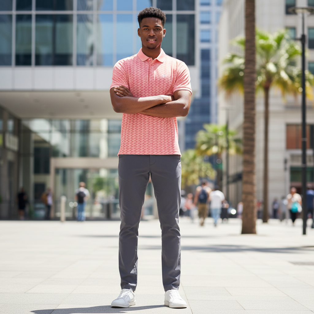 Young Nigerian male model wearing coral pink jacquard pattern polo