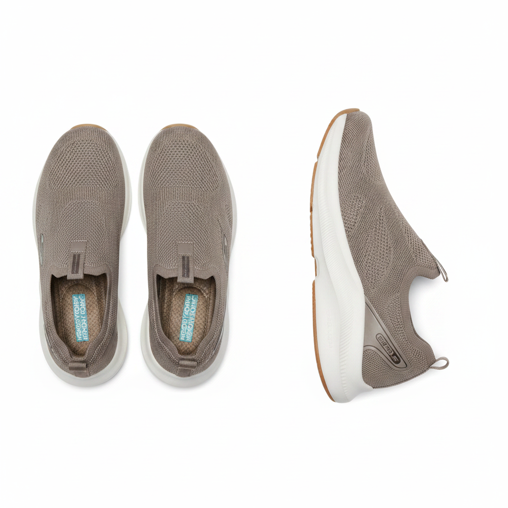 Men's taupe knit slip-on sneaker ghost mannequin front and side view pair