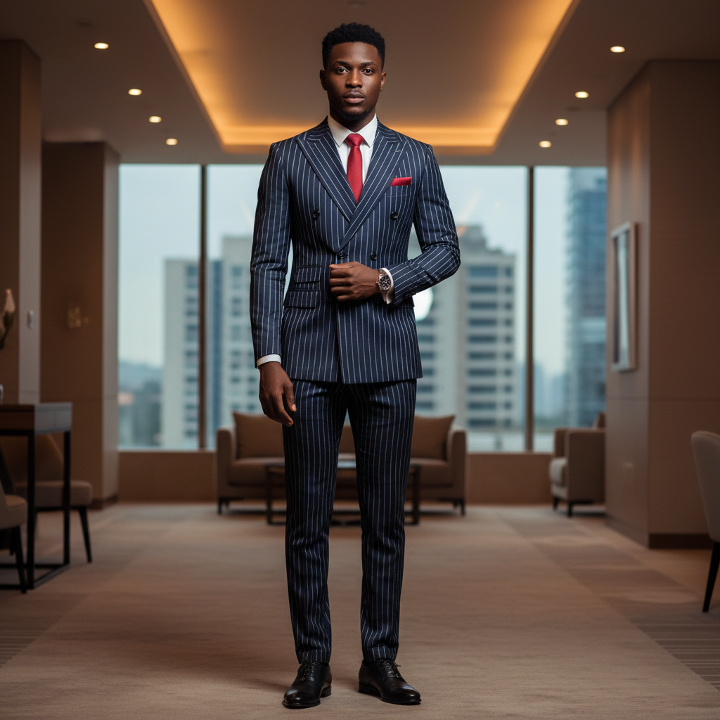 Navy Pinstripe Double-Breasted Suit â€“ Nigerian Model