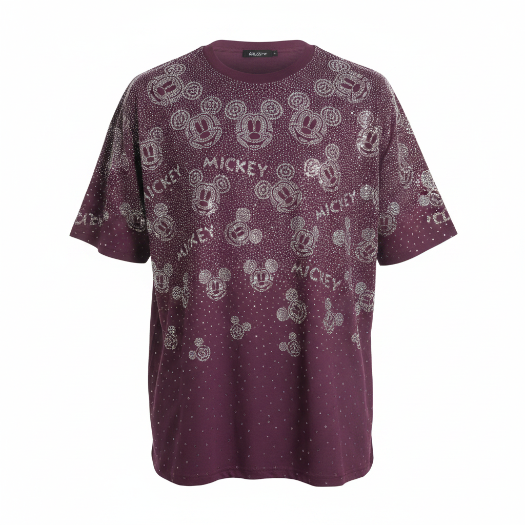 Plum Rhinestone Mickey Print Short-Sleeved Shirt - Ghost Mannequin
