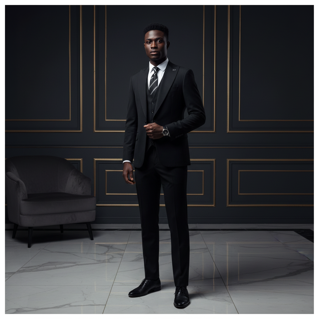 Nigerian male model wearing The Sovereign black 3-piece tailored suit