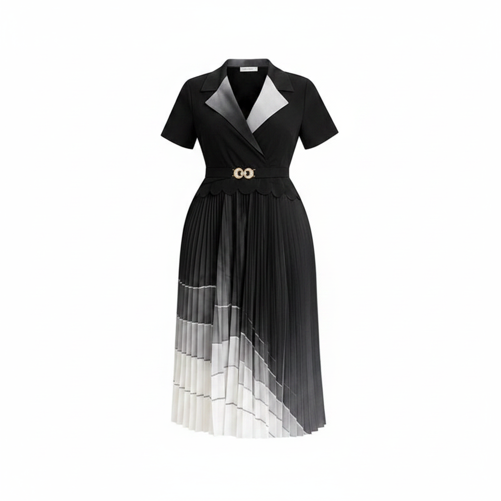 Women's Colour-Block Pleated Midi Dress - Ghost Mannequin Black Grey White
