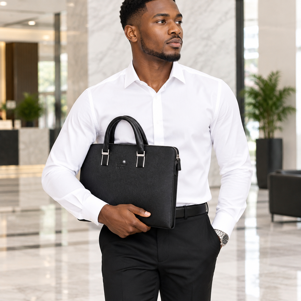 Black Saffiano Leather Flat Executive Briefcase – Model Shot